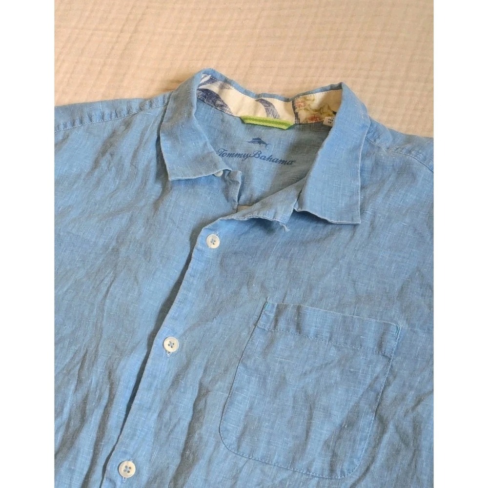 Tommy Bahama Button Camp Shirt Mens Large 100% Linen Loop Collar Blue SS Summer